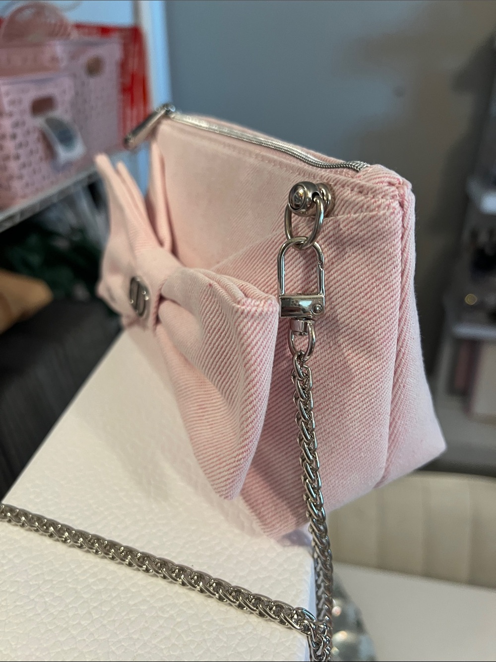 Dior Light Pink Bow Mini Bag with Adjustable Silver Chain - Picture 5 of 9